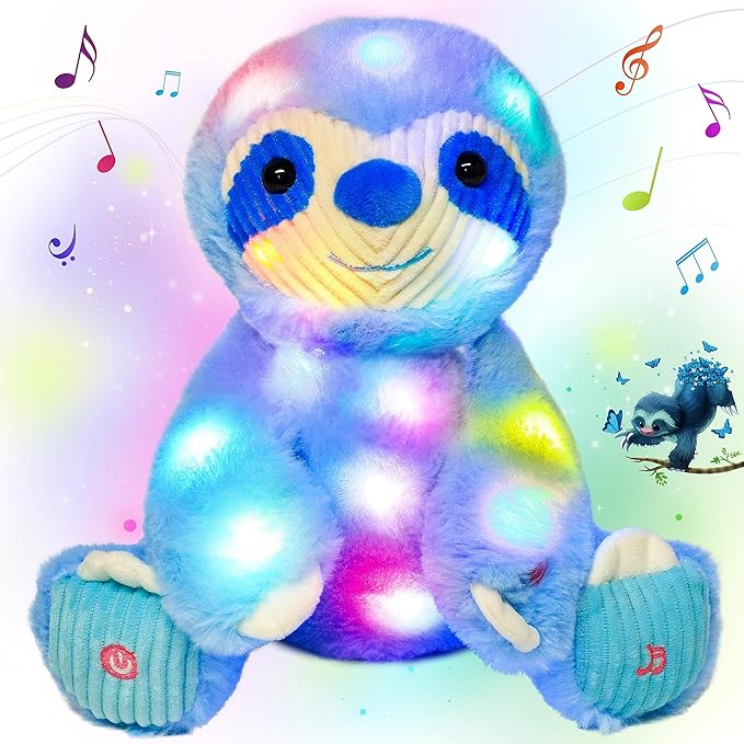Cuteoy Light-up Singing Plush Blue Sloth LED Musical Stuffed Animal Adjustable Volume Lullaby Plushies Birthday Christmas Toy Gifts for Kids Toddler Girls, 13"-CubbioJoy