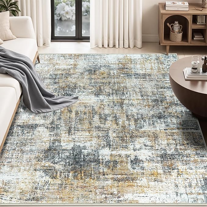 Area Rug Living Room Rugs: 5x7 Abstract Washable Rugs Ultra Soft Carpets with Non-Slip Backing Stain Resistant Carpet for Dining Room Table Bedroom Nursery Indoor Home Office Brown/Gray-CubbioJoy