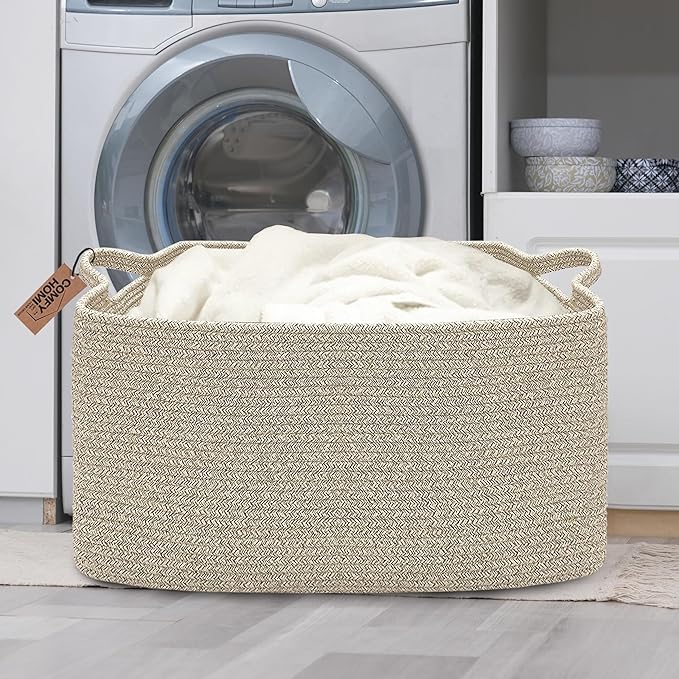 COMFY-HOMI Large Rectangular Blanket Basket, Woven Cotton Rope Baskets for Storage, Laundry Hamper Basket, Storage Bin,Toy Organizing Bin with Handle, Organization and Storage-22x15x12”-Brown-CubbioJoy