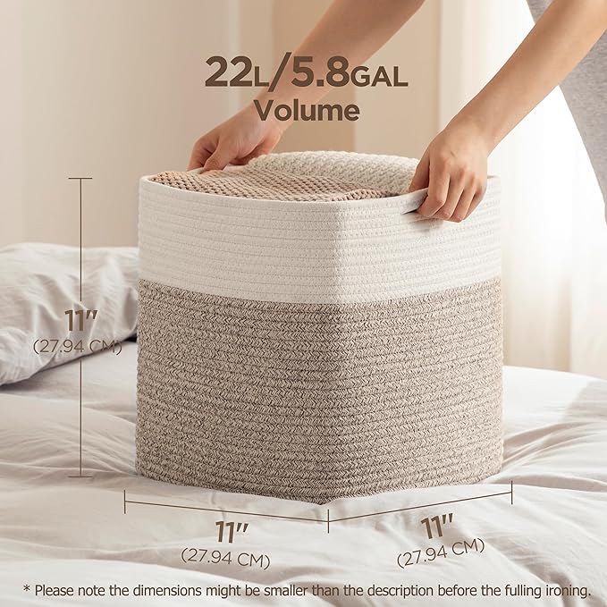 joybest Cube Storage Bins Set of 4, 11inch Cube Baskets Organizer for Nursery, Square Cotton Rope Baskets for Shelves Organizing, Kids Toy, Closet Storage, Brown and Cream White-CubbioJoy