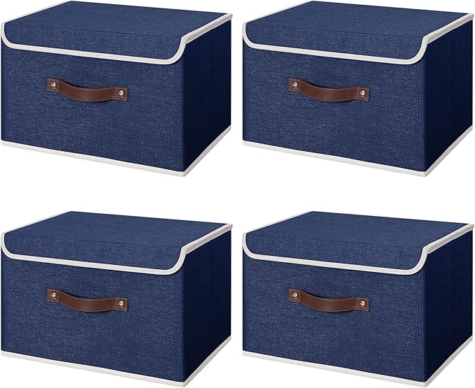 ANMINY 4PCS Storage Bins with Lid PU Leather Handles Storage Boxes PP Plastic Board Decorative Foldable Lidded Cotton Linen Fabric Home Cubes Baskets Closet Organizer Containers - Blue, Large Size-CubbioJoy