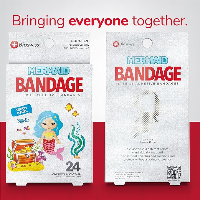 BioSwiss Bandages, Mermaid Shaped Self Adhesive Bandage, Latex Free Sterile Wound Care, Fun First Aid Kit Supplies for Kids, 24 Count-CubbioJoy