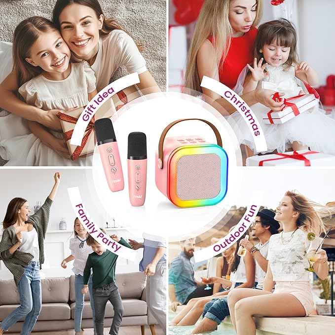 Karaoke Machine for Kids Adults, Portable Bluetooth Mini Karaoke Microphone Singing Speaker with 2 Mic and Light,Toys for All Smartphones,Birthday, Family,Home Party (Pink)-CubbioJoy
