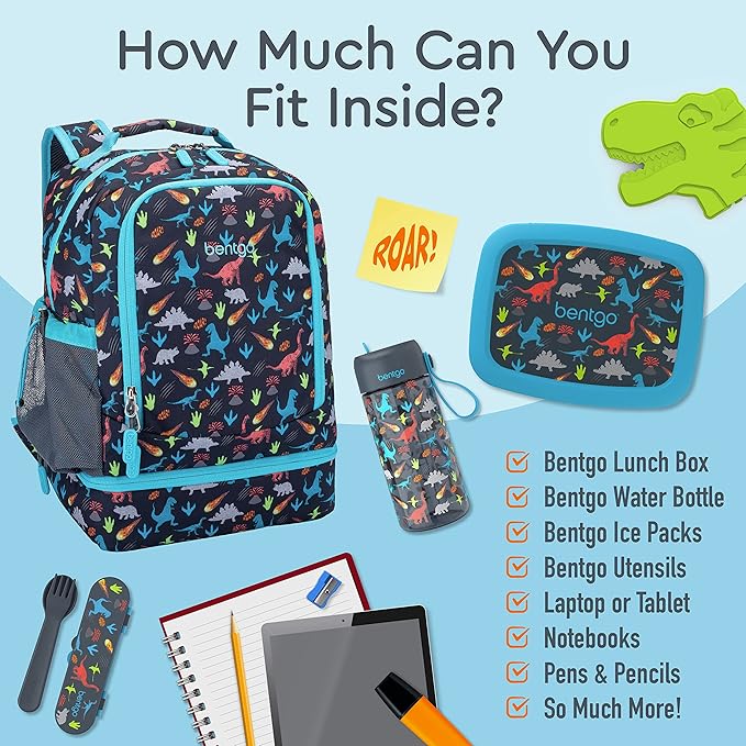 Bentgo Kids 2-in-1 Backpack & Insulated Lunch Bag - Durable 16” Backpack & Lunch Container in Unique Prints for School & Travel - Water Resistant, Padded & Large Compartments (Dinosaur)-CubbioJoy