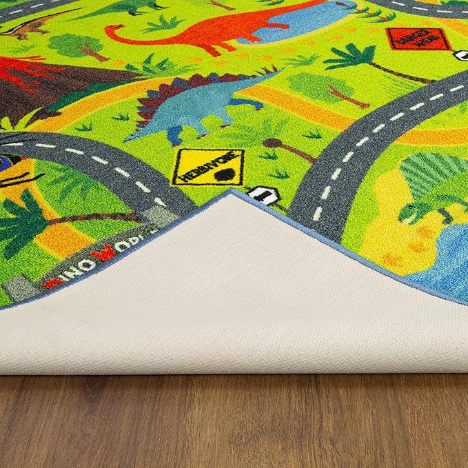 KC Cubs 3x5 Dinosaur Toy Car Dino Road Rug – Educational Play Mat Carpet for Kids, Toddlers, Nursery, Classroom, Playroom, Baby Daycare, Boys & Girls-CubbioJoy