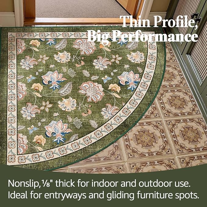 jinchan Floral Corner Rug for Entryway Washable Kitchen Rug Vintage Romance Design Non Slip Quarter Circle Lightweight Low-Pile Throw Carpet for Playroom Reading Nook Nursery, 4ft Radius, Green-CubbioJoy
