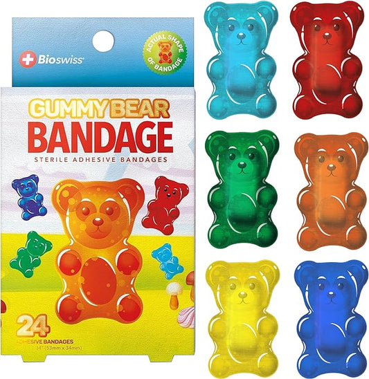 BioSwiss Bandages, Gummy Bear Shaped Self Adhesive Bandage, Latex Free Sterile Wound Care, Fun First Aid Kit Supplies for Kids, 24 Count-CubbioJoy