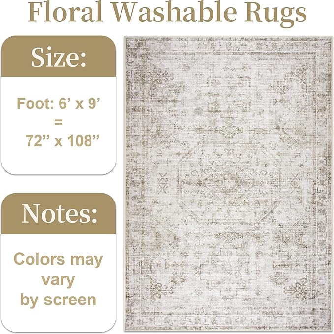 6x9 Washable Area Rug for Living Room, Non-Slip Distressed Rugs for Bedroom Dinning Room, Ultra-Thin Indoor Non-Shedding Vintage Print Carpet for Farmhouse, Home Office, Dorm Light Taupe/Cream-CubbioJoy