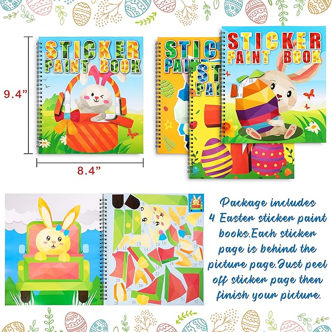 90shine 4PCS Easter Crafts for Kids Ages 4-8 Sticker Books - Basket Stuffer Gift Includes Bunny Egg Chick Gnome and More Designs Create 40 Pictures-CubbioJoy