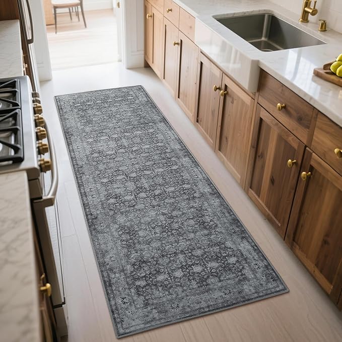 2'6"x8' Washable Runner Rug for Hallway, Non Slip Vintage Floral Long Carpet Runners for Entryway, Kitchen, Bathroom, Bedroom, Low Pile Laundry Rugs with Rubber Backing (Distressed Grey)-CubbioJoy