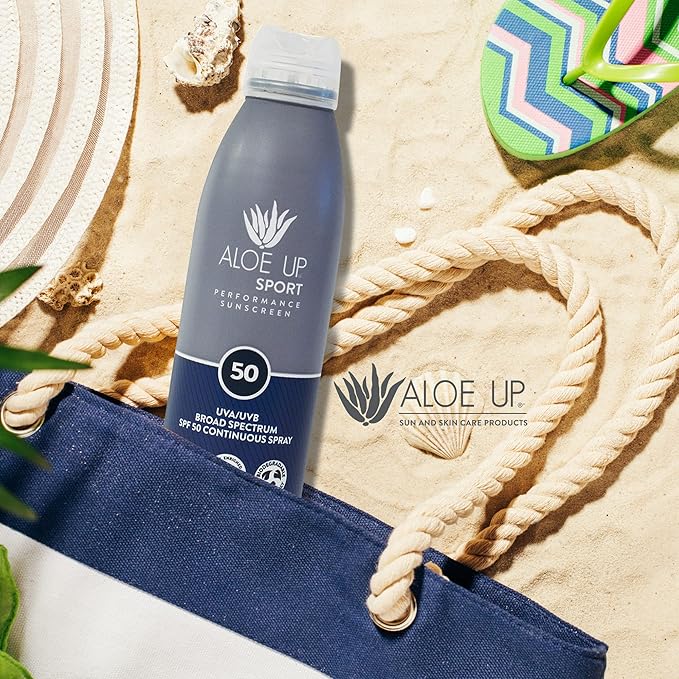 ALOE UP Sport Continuous Spray Sunscreen SPF 50 - Broad Spectrum UVA/UVB Sunscreen Protector for Face and Body - With Aloe Vera Gel - Fast Absorbing Sheer Formula - Reef Safe - Fragrance-Free - 6 Oz-CubbioJoy