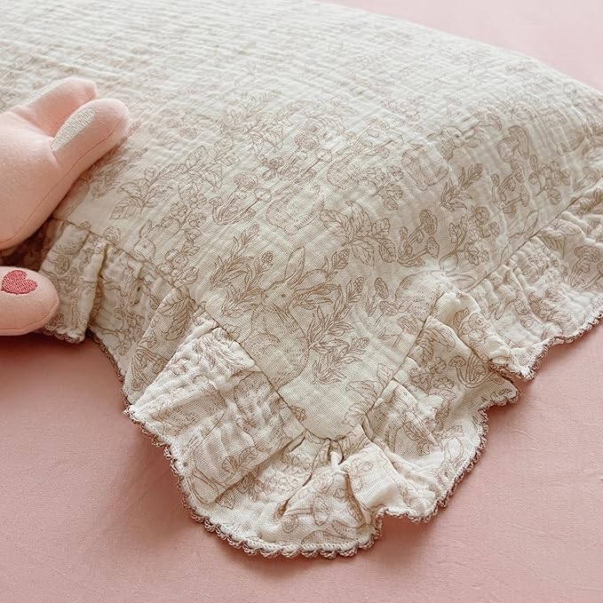 BuLuTu 100% Cotton Muslin Toddler Pillowcase with Ruffles Edges, Cute Rabbit Pattern Toddler Pillow Cover Soft Breathable Gauze Cotton Kids Pillow Cases for Boys,Girls, 1 Piece, 14"x20"-CubbioJoy