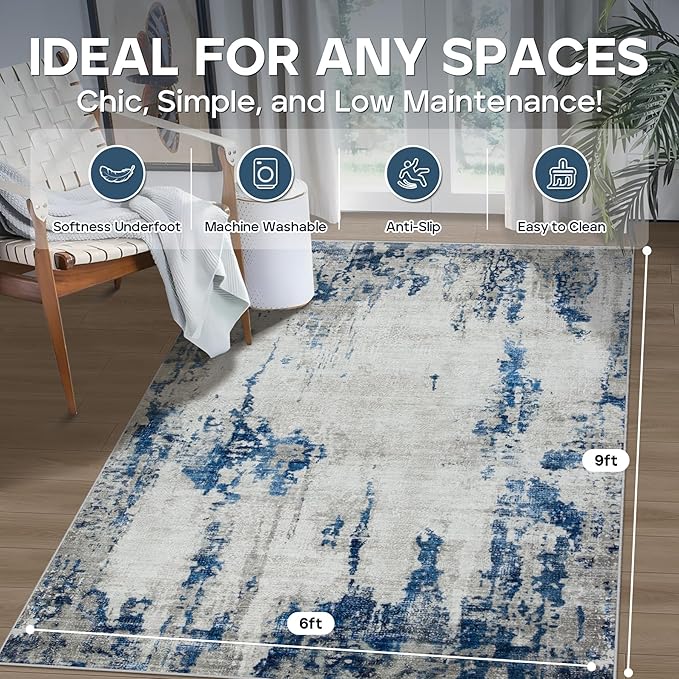 6x9 Area Rugs for Living Room Rug Washable: Modern Rug for Dining Room Bedroom Carpet Non Slip Low Pile 6 by 9 Indoor Abstract Nursery Home Office Blue White-CubbioJoy