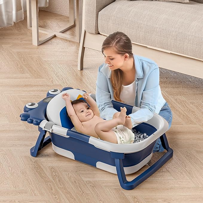 Collapsible Baby Bathtub for Newborns to Toddler with Real-time Temp Monitor & Floating Cushion,Portable Travel Tub for 0-36 Month, Foldable Baby Bath Tub for Infants Boy (Blue)-CubbioJoy