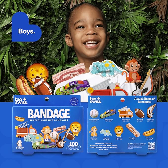 BioSwiss Bandages, Assorted Animal, Fun and Food Shaped Self Adhesive Bandage for Boys, Latex Free Sterile Wound Care, 100 Count-CubbioJoy
