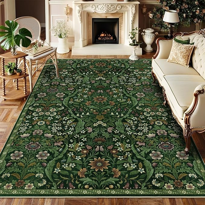 5×7 Dark Green Washable Floral Area Rug,Vintage Boho Soft Low-Pile Living Room Rugs, Stain Resistant Botanical Non-Slip Carpet for Bedroom,Dining Room, Kids Nursery,Home Decor-CubbioJoy