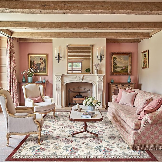 jinchan 8x10 Floral Rug for Living Room Washable Bedroom Rug Vintage Romance Design Non Slip Thin Indoor Floor Cover Large Low-Profile Throw Carpet for Dining Room Office, Red/Beige-CubbioJoy