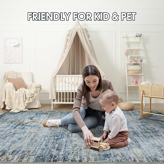 Area Rug 9x12 Washable Rugs: Abstract Large Living Room Rugs with Non-Slip Backing, Thin Carpet for Dining Room Table Bedroom Nursery Indoor Home Office-Blue Brown-CubbioJoy