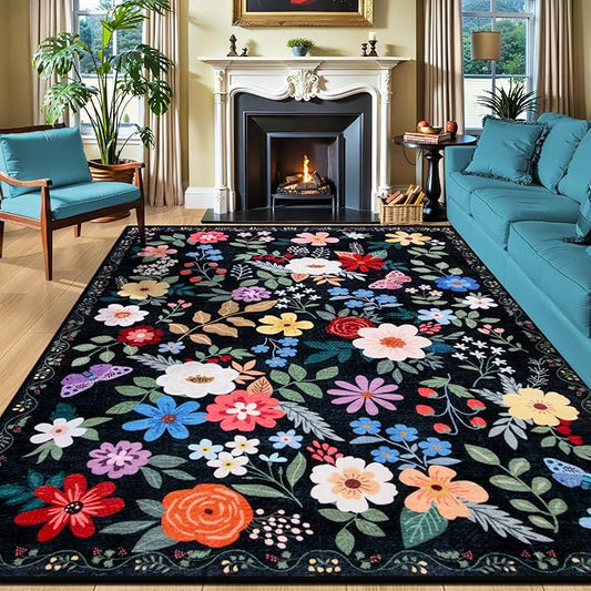 Area Rugs 9x12 Living Room: Floral Washable Rug Vintage Large Soft Boho Non-Slip Carpet Indoor Floor Stain Resistant Low Pile Carpets for Bedroom Dining Room Farmhouse Nursery Home Office Black-CubbioJoy