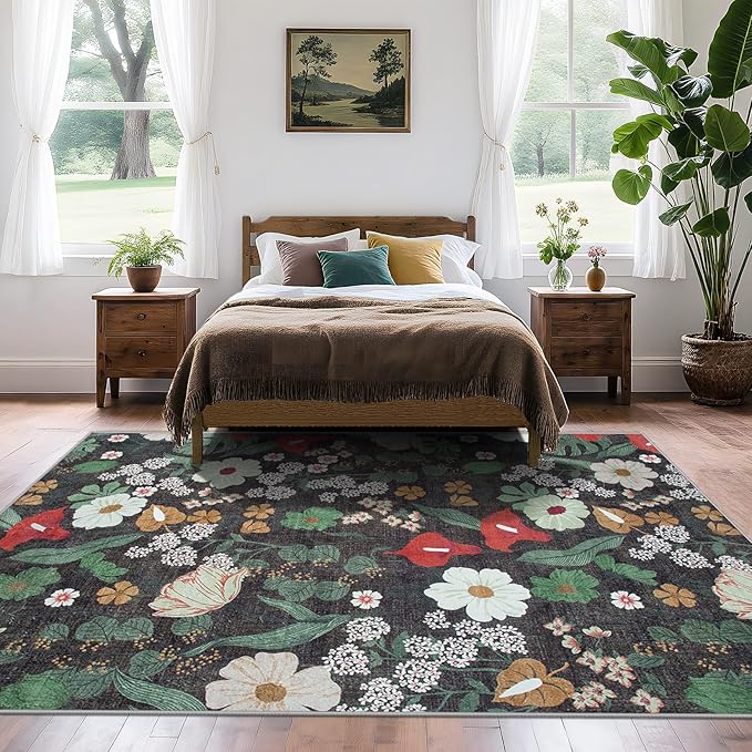Area Rug Living Room Rugs: 6x9 Washable Rug Vintage Floral Soft Boho Non Slip Carpet Indoor Floor Non Shedding Low Pile Thin Carpets for Bedroom Dining Room Farmhouse Nursery Home Office Green-CubbioJoy