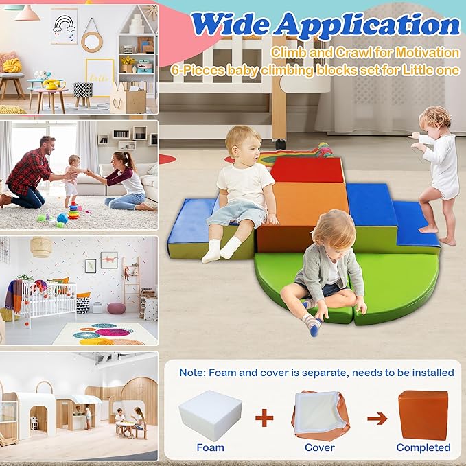 6-Piece Baby Soft Foam Climbing Blocks Set, PU Leather Non Slip Foam Play Gym Climbing Structures for Toddlers 3, Indoor Climb and Crawl Activity Play Set-CubbioJoy