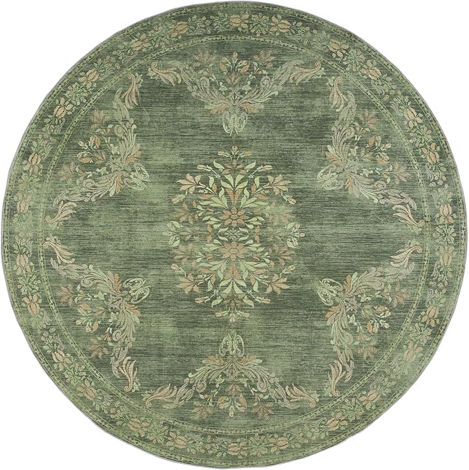 jinchan Round Rug 4ft Area Rugs Vintage Floral Distressed Design,Machine Washable Soft Non-Slip Low-Pile Ultra-Thin Circle Rug for Entryway Bedside Living Room Kitchen Nursery (4' Round,Dark Green)-CubbioJoy