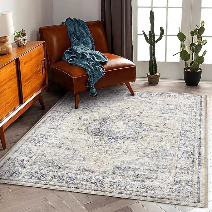 Area Rug 5'x7' Washable Rug Floral Blue Vintage Traditional Floor Cover Thin Retro Kitchen Indoor Distressed Non Slip Carpet for Living Room Bedroom Dining Room-CubbioJoy