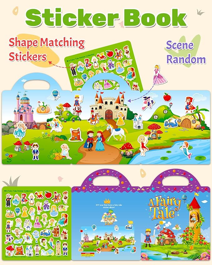 Benresive Reusable Sticker Book for Toddlers 2-4 Years, Fun Travel Stickers for Kids, Waterproof Sticker Books for Toddlers 1-3, Crafts Activities for Todddlers 1-3 2-4 3-5 - Fairy-CubbioJoy