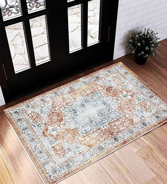 Area Rug 2x3 Washable Rug Door Mat Vintage Distressed Rug Doormat Indoor Entrance Traditional Thin Floral Print Non Slip Carpet for Kitchen Bathroom Bedroom Living Room-CubbioJoy