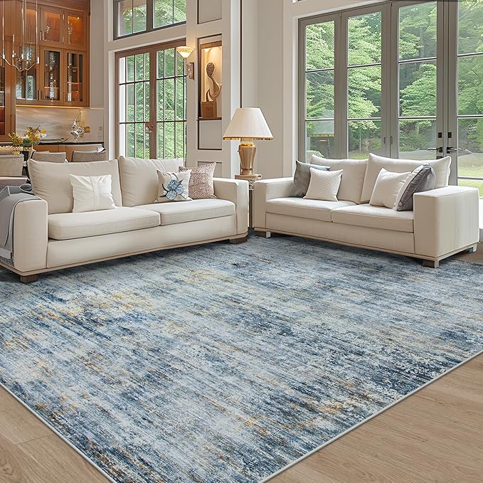 Area Rugs 8x10 Living Room Rugs: Large Modern Abstract Washable Rug with Non-Slip Backing, Thin Carpet for Dining Room Table Bedroom Nursery Indoor Home Office-Blue/Brown-CubbioJoy