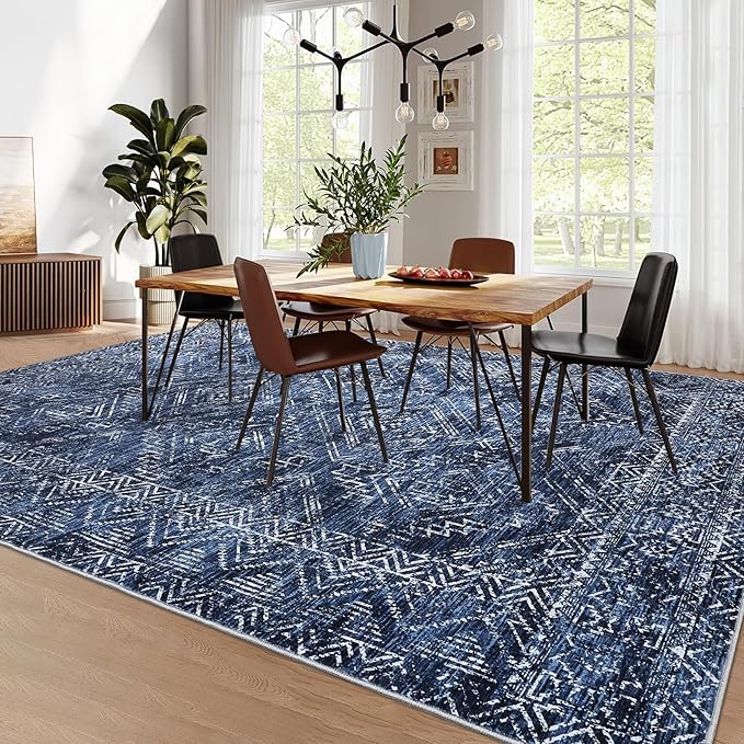 COZYLOOM Area Rug 5x7 Washable Rug for Living Room Bedroom Playroom Nursery Vintage Non Slip Low Pile Soft Throw Floor Cover Geometric Tribal Foldable Indoor Carpet, Blue-CubbioJoy