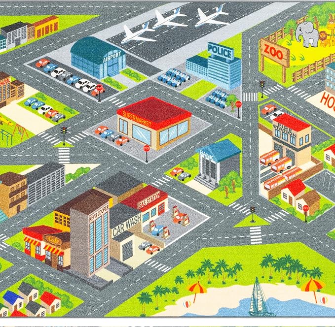 KC Cubs 5x7 City Streets Car Road Rug – Educational Non-Slip Play Mat for Kids, Toddlers, Nursery, Classroom, Playroom, Baby Daycare, Boy Girl Carpet-CubbioJoy