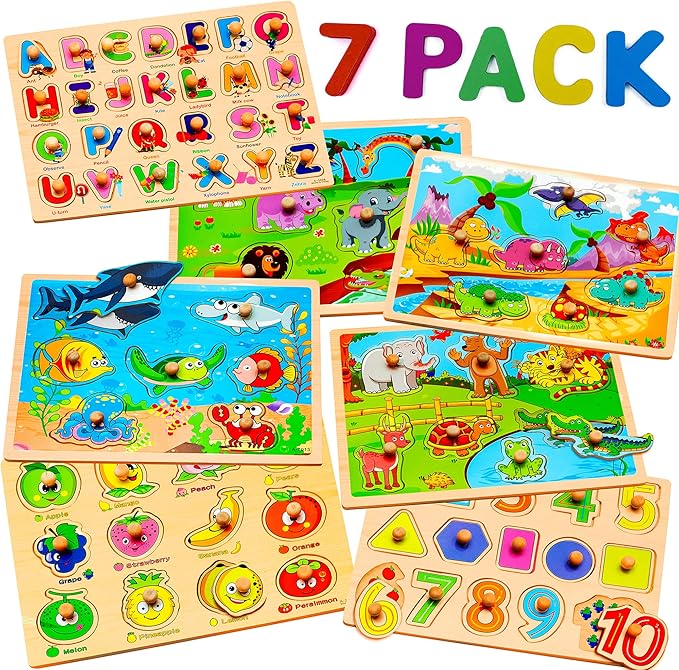 7 Pack Wooden Puzzles for Toddlers 2 3 4 5 Years Old - 7 Colorful Chunky Wood Peg Puzzles for Kids Ages 2-5, Alphabet Shape Numbers Fruits Sea Animals Dinosaur Zoo - Educational Toddler Learning Toys-CubbioJoy