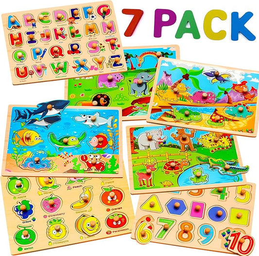 7 Pack Wooden Puzzles for Toddlers 2 3 4 5 Years Old - 7 Colorful Chunky Wood Peg Puzzles for Kids Ages 2-5, Alphabet Shape Numbers Fruits Sea Animals Dinosaur Zoo - Educational Toddler Learning Toys-CubbioJoy
