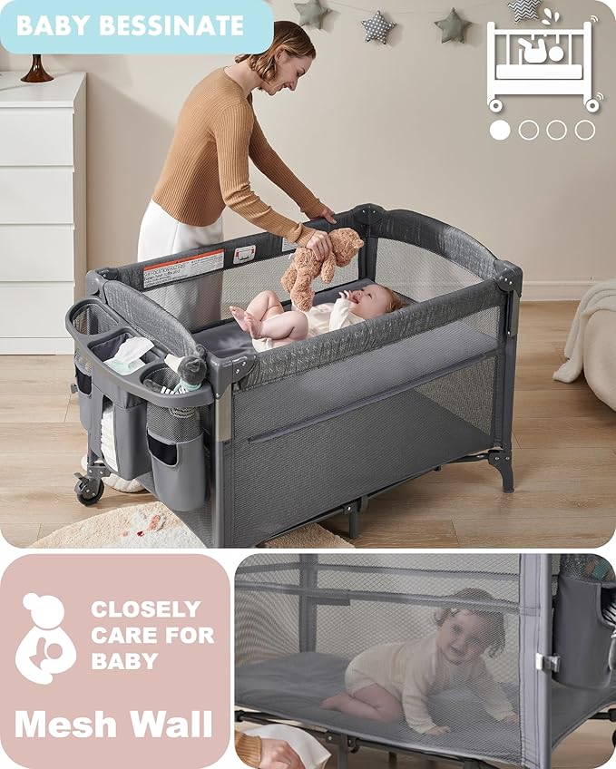 AirClub 4 in 1 Baby Bassinet Bedside Sleeper, 4 Functions Crib, Playard, Portable Changing Table, Bassinet for Newborn Baby, Bedsaide Bed w/Wheels&Brakes-CubbioJoy