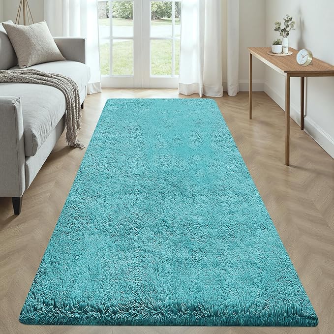 2x6 Runner Rug for Bedroom: Fluffy Shag Soft Washable Rugs Small Fuzzy Plush Indoor Carpet for Hallway Bedside Dorm Kids Girls Boys Room (Teal Blue, 2'x6')-CubbioJoy