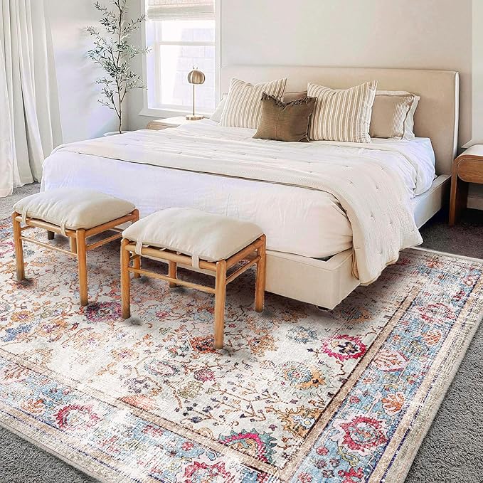 5'x7' Washable Vintage Area Rug Traditional Floor Cover Foldable Kitchen Accent Thin Rug Indoor Distressed Non Slip Carpet Floral Print Mat Bedroom Living Room Bathroom-CubbioJoy