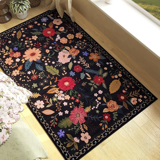 3x5 Area Rug, Floral Black Washable Rug for Entryway, Non Slip Flower Area Rugs, Soft Low Pile Indoor Doormat Small Carpet, Rugs for Living Room Bathroom Bedroom Nursery Kitchen Dining Room-CubbioJoy