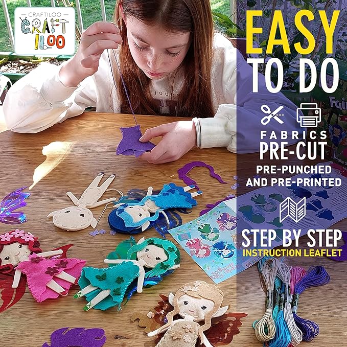 CRAFTILOO Fairy Elves Sewing Kit for Kids, Fun and Educational Fairytale Craft Set for Boys and Girls Age 7-12, Sew Your Own Felt Fairy Craft Kit for Beginners (Garden Rainbow Fairies Kit)-CubbioJoy