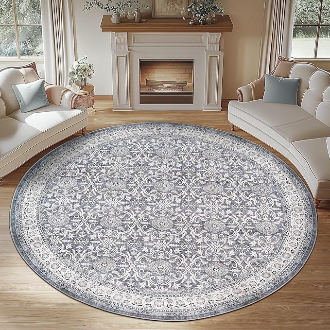 jinchan Round Rug 8ft Washable Circle Soft Rug - Low Pile Vintage 8'Round Indoor Grey Floral Print Stain Resistant Boho Carpet Ultra-Thin Non-Slip for Living Room Bedroom Dining Room Kitchen-CubbioJoy