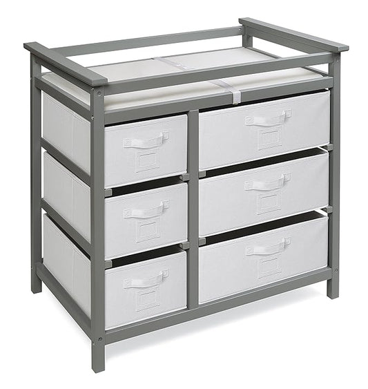 Badger Basket Modern Baby Changing Table - Diaper Station Organizer with 6 Storage Drawers, Reversible Baskets, Safety Rails - Baby Nursery Furniture with Changing Pad and Belt - Gray-CubbioJoy