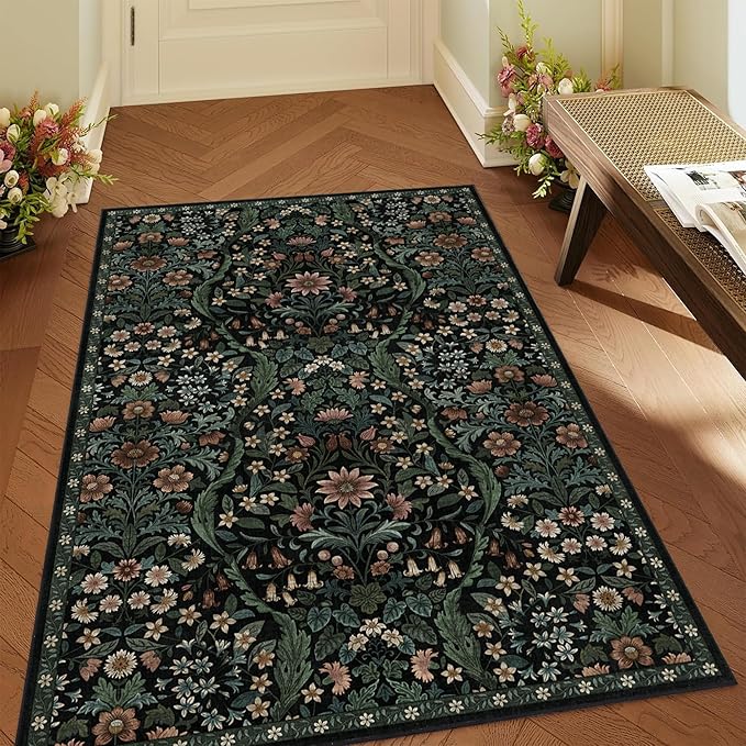 3x5 Black Boho Floral Vintage Area Rug,Soft Lightweight Low Pile Non-Shedding Carpet,Machine Washable Stain Resistant & Non-Slip for Entryway,Bedroom, Kids Room,Living Room-CubbioJoy
