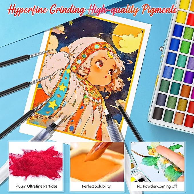 100 Colors Watercolor Paint Set with 4 Brushes, Portable Travel Water Color Kit with Carrying Case, Palette and Accessories, Non-Toxic Art Supplies Gift for Artists Adult Teen Kids Girls