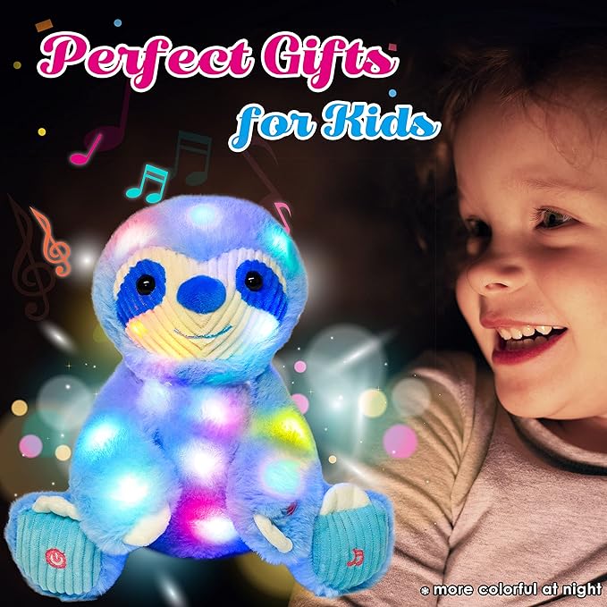 Cuteoy Light-up Singing Plush Blue Sloth LED Musical Stuffed Animal Adjustable Volume Lullaby Plushies Birthday Christmas Toy Gifts for Kids Toddler Girls, 13"-CubbioJoy