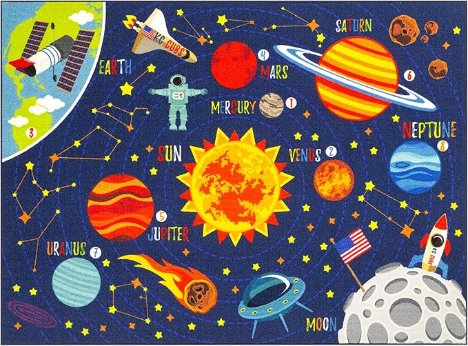 KC Cubs 8x10 Outer Space Solar System Toy Car Road Rug – Educational Play Mat Carpet for Kids, Toddlers, Nursery, Classroom, Playroom, Baby Daycare-CubbioJoy