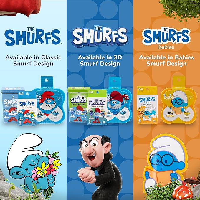 BioSwiss Bandages, The Smurfs Baby Smurf Shaped Self Adhesive Bandage, Latex Free Sterile Wound Care, Fun First Aid Kit Supplies for Kids and Adults, 50 Count Case-CubbioJoy