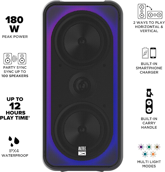 Altec Lansing Shockwave 200 Wireless Party Speaker 180W Bluetooth Speaker with a Long Lasting 12 Hour Battery, Multi LED Party Modes, Multiple bass Boost Modes, Party Sync, AM/FM Radio-CubbioJoy