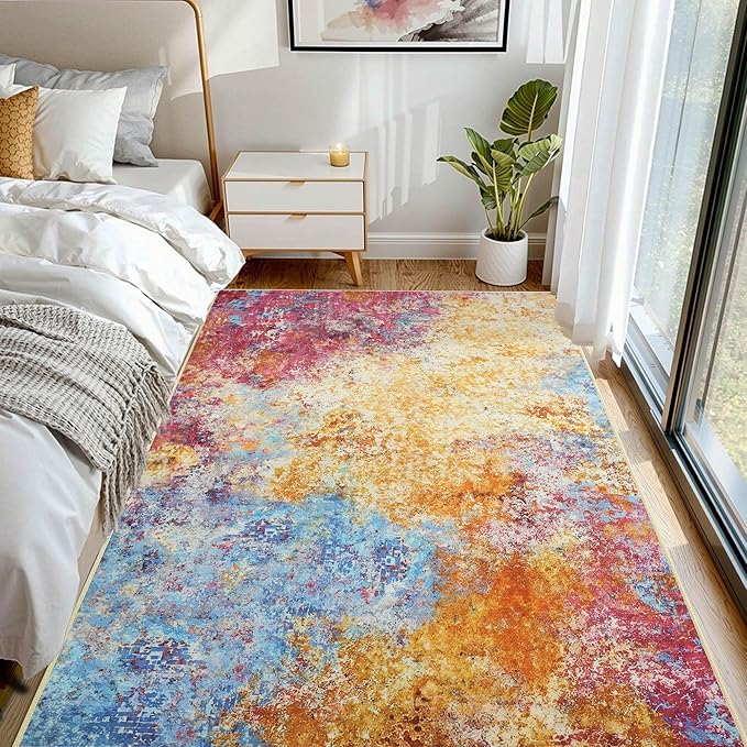 Kelarea Living Room Rug, 4x6 Modern Abstract Washable Rugs, Colorful Soft Non Slip Low Pile Carpet, Stain Resistant Rugs for Bedroom, Dining Room, Nursery, Home Office-CubbioJoy