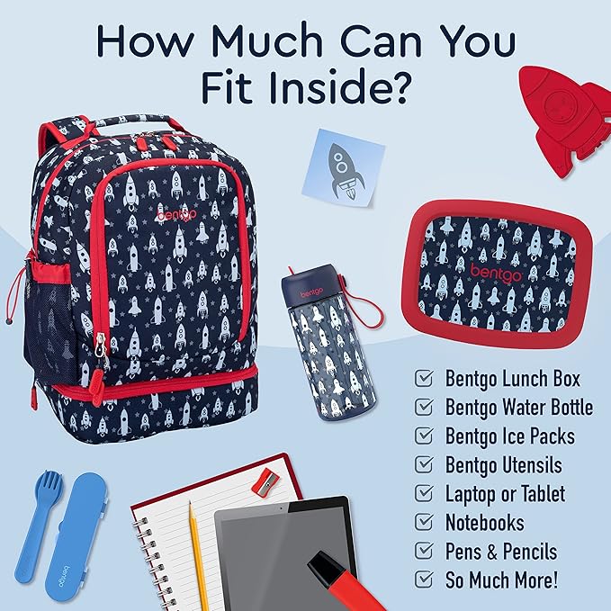 Bentgo Kids 2-in-1 Backpack & Insulated Lunch Bag - Durable 16” Backpack & Lunch Container in Unique Prints for School & Travel - Water Resistant, Padded & Large Compartments (Rocket)-CubbioJoy