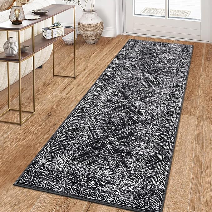 COZYLOOM Rug Runners 2x6 Washable Rugs for Bedroom Hallway Dining Room Living Room, Vintage Rug Non Slip Area Rug Geometric Soft Throw Rugs Low Pile Stain Resistant Carpet, Black-CubbioJoy
